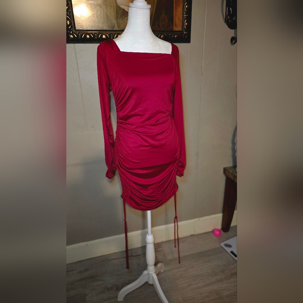 Fashion Nova Crimson Ruched Square-Neck Long Sleeve Mini Dress